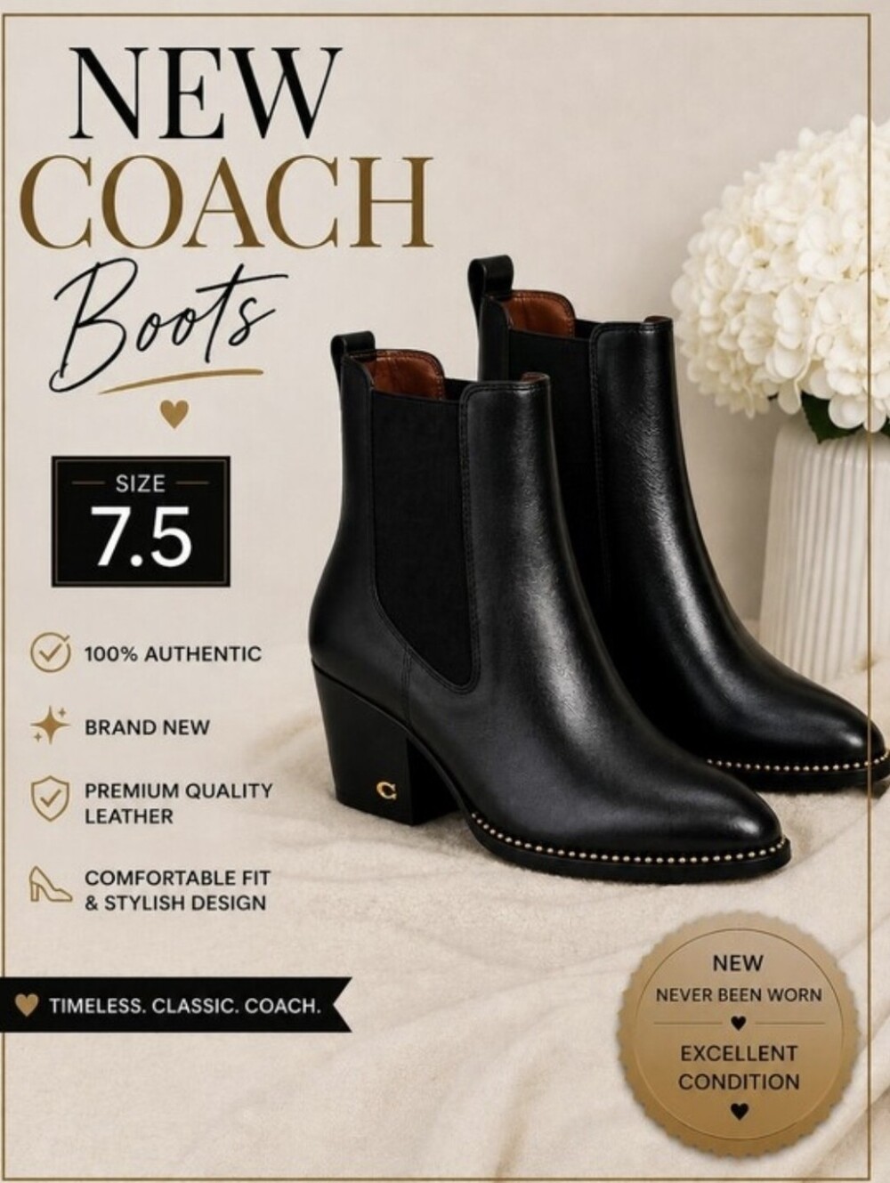 Coach Women's Black Leather Pointed Chelsea Boots - Picture 2 of 7